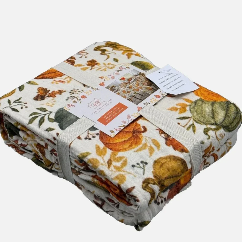 Rachel Ashwell Farmhouse Pumpkin Fall Leaves Tablecloth 60x120 Gauzy Cotton
